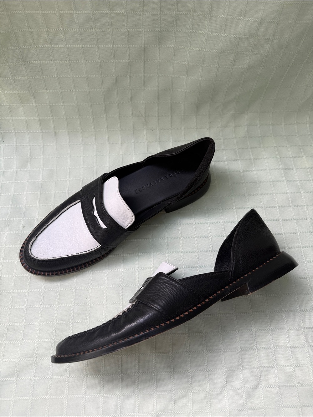 Freda Salvador Black and White All Leather Penny Loafers